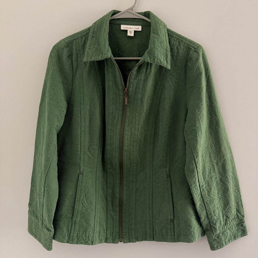 Coldwater Creek Green Damask Jacquard Cotton Zip Up Jacket Womens 12 Pocketed